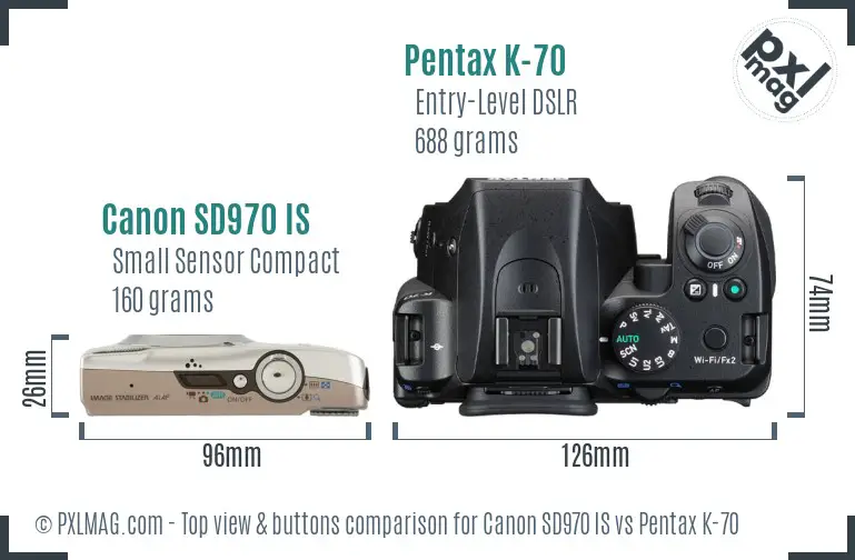 Canon SD970 IS vs Pentax K-70 top view buttons comparison