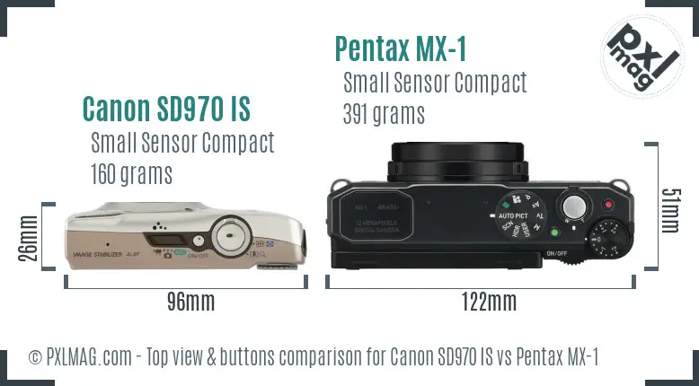 Canon SD970 IS vs Pentax MX-1 top view buttons comparison