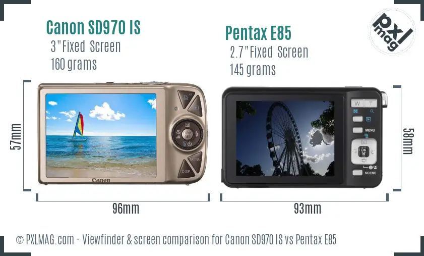 Canon SD970 IS vs Pentax E85 Screen and Viewfinder comparison