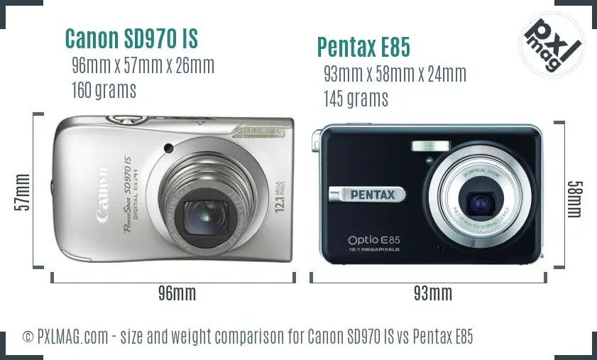 Canon SD970 IS vs Pentax E85 size comparison