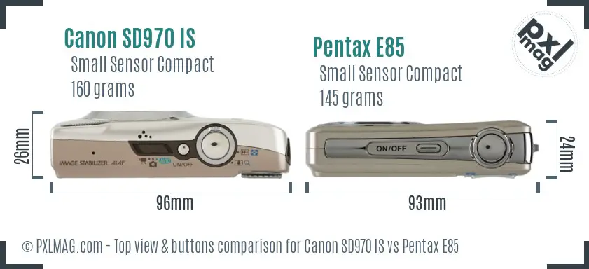 Canon SD970 IS vs Pentax E85 top view buttons comparison