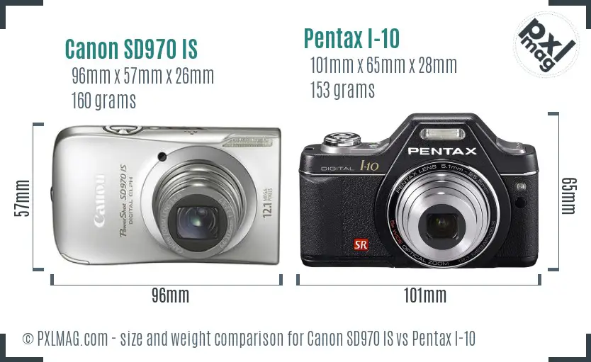 Canon SD970 IS vs Pentax I-10 size comparison