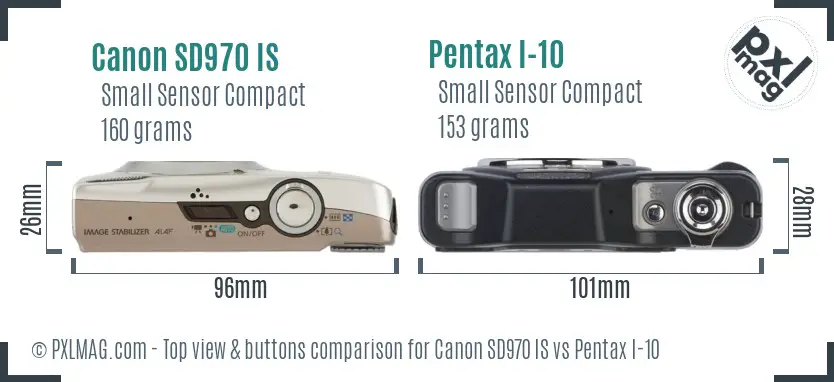 Canon SD970 IS vs Pentax I-10 top view buttons comparison