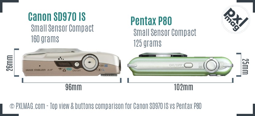 Canon SD970 IS vs Pentax P80 top view buttons comparison