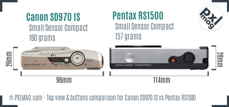 Canon SD970 IS vs Pentax RS1500 top view buttons comparison