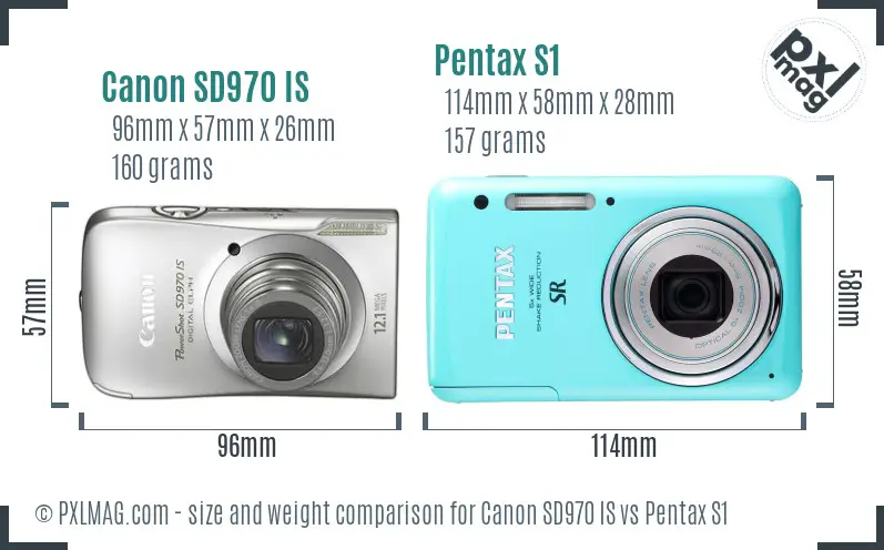 Canon SD970 IS vs Pentax S1 size comparison