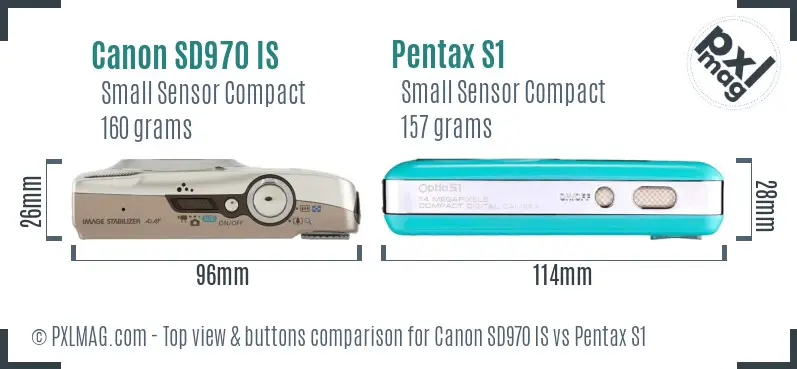 Canon SD970 IS vs Pentax S1 top view buttons comparison