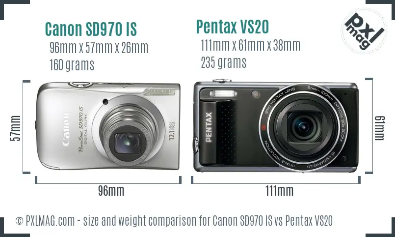 Canon SD970 IS vs Pentax VS20 size comparison