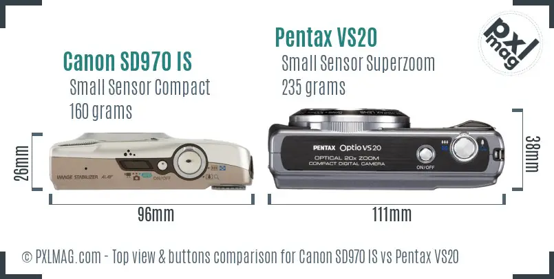 Canon SD970 IS vs Pentax VS20 top view buttons comparison