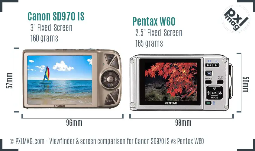 Canon SD970 IS vs Pentax W60 Screen and Viewfinder comparison
