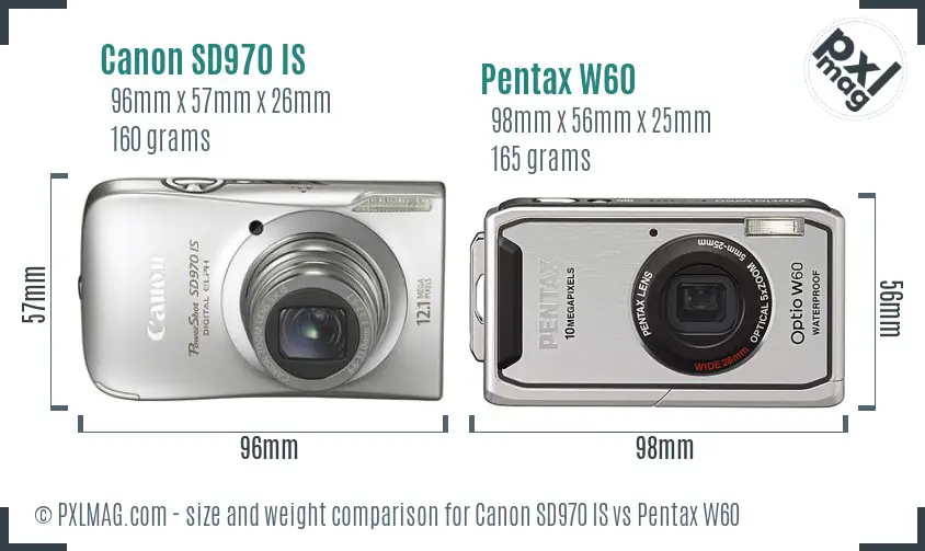 Canon SD970 IS vs Pentax W60 size comparison