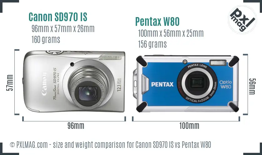 Canon SD970 IS vs Pentax W80 size comparison