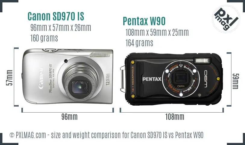 Canon SD970 IS vs Pentax W90 size comparison
