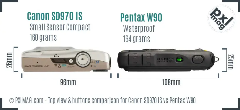 Canon SD970 IS vs Pentax W90 top view buttons comparison