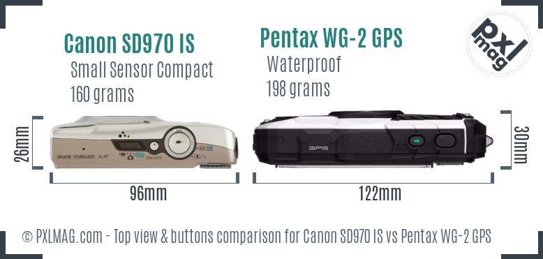 Canon SD970 IS vs Pentax WG-2 GPS top view buttons comparison