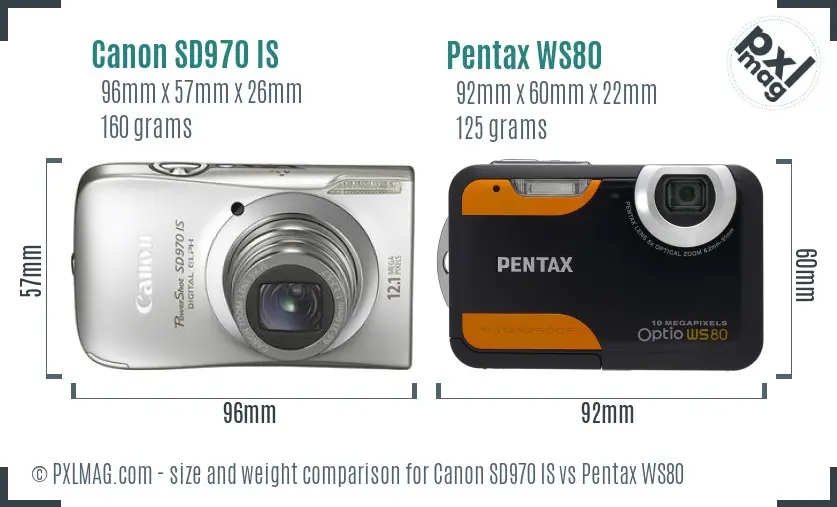 Canon SD970 IS vs Pentax WS80 size comparison