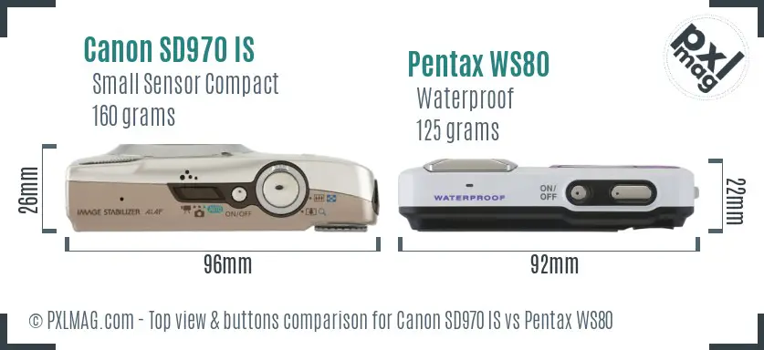 Canon SD970 IS vs Pentax WS80 top view buttons comparison