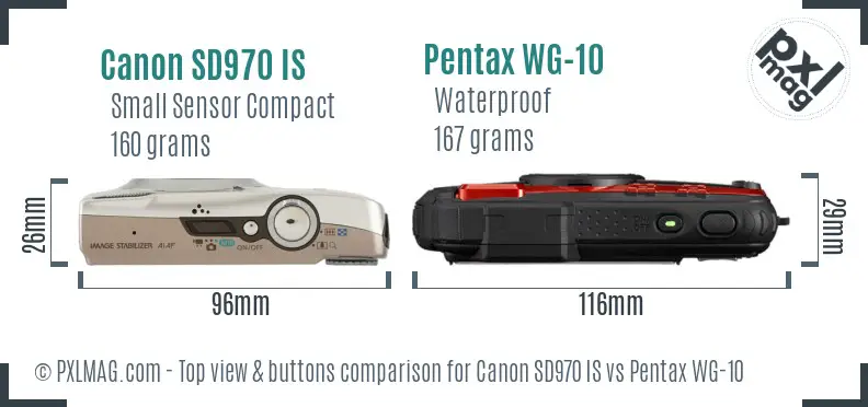Canon SD970 IS vs Pentax WG-10 top view buttons comparison