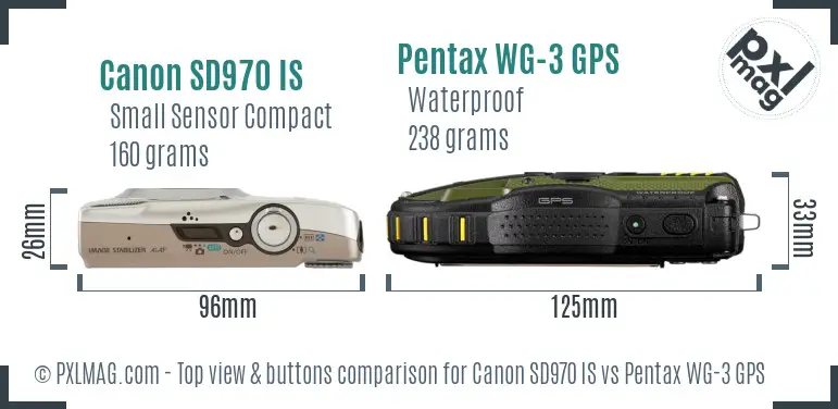 Canon SD970 IS vs Pentax WG-3 GPS top view buttons comparison