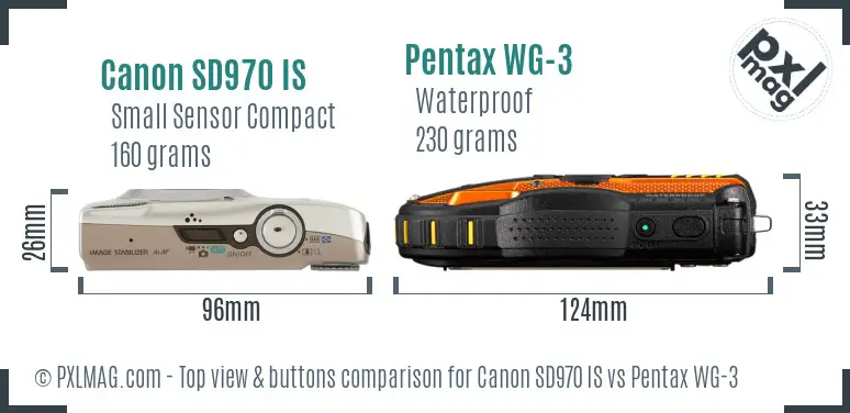 Canon SD970 IS vs Pentax WG-3 top view buttons comparison