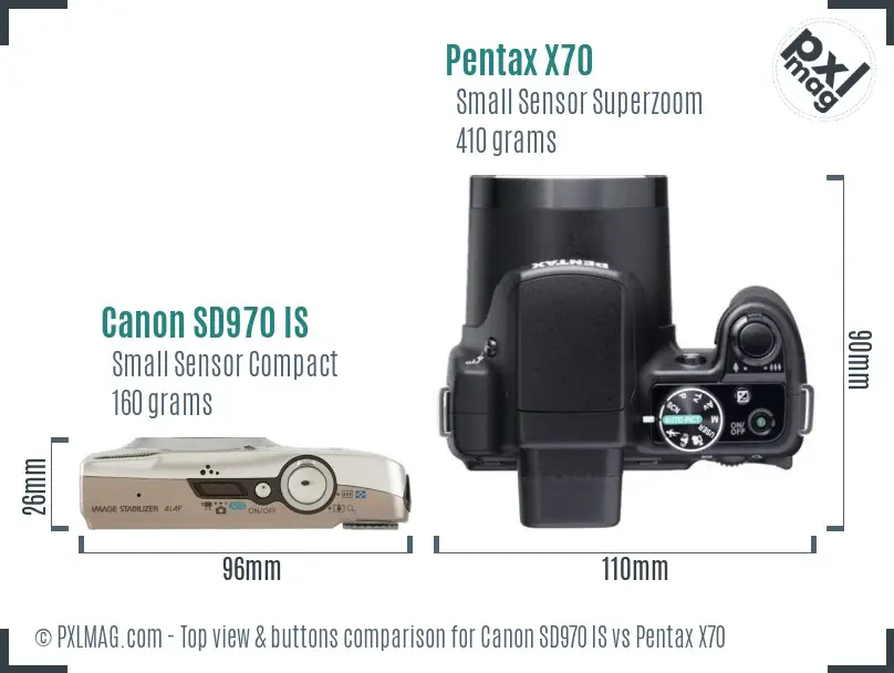 Canon SD970 IS vs Pentax X70 top view buttons comparison