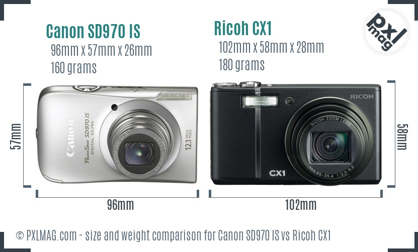 Canon SD970 IS vs Ricoh CX1 size comparison Canon SD970 IS vs Ricoh CX1 size comparison