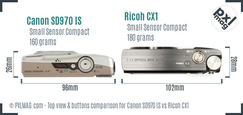 Canon SD970 IS vs Ricoh CX1 top view buttons comparison