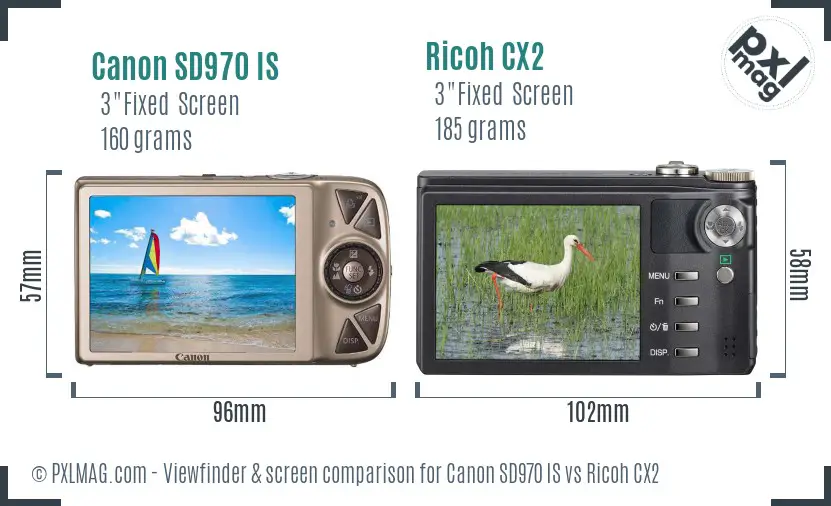 Canon SD970 IS vs Ricoh CX2 Screen and Viewfinder comparison