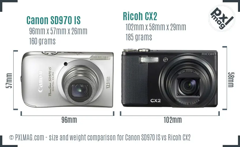 Canon SD970 IS vs Ricoh CX2 size comparison