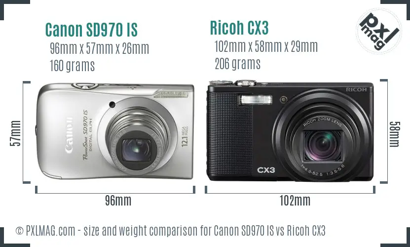 Canon SD970 IS vs Ricoh CX3 size comparison