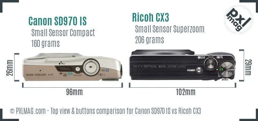 Canon SD970 IS vs Ricoh CX3 top view buttons comparison