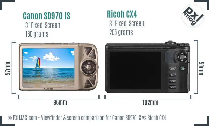 Canon SD970 IS vs Ricoh CX4 Screen and Viewfinder comparison