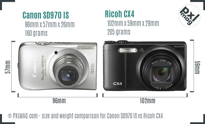 Canon SD970 IS vs Ricoh CX4 size comparison