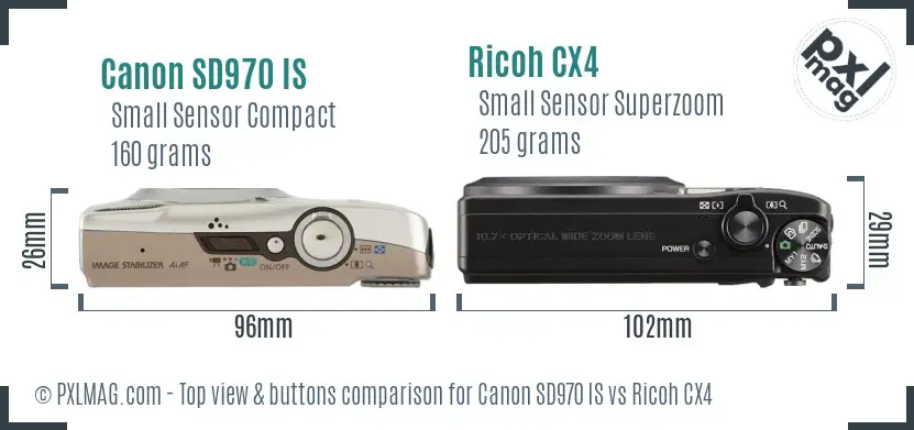 Canon SD970 IS vs Ricoh CX4 top view buttons comparison