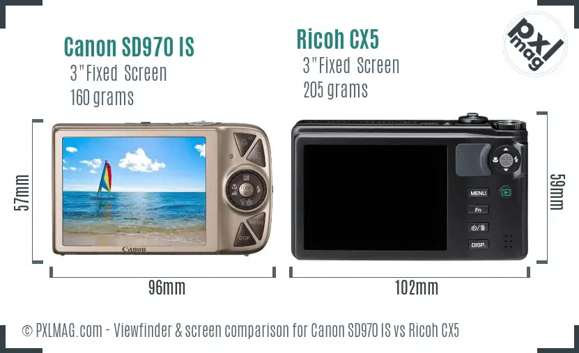 Canon SD970 IS vs Ricoh CX5 Screen and Viewfinder comparison