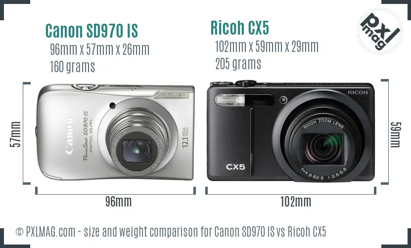 Canon SD970 IS vs Ricoh CX5 size comparison