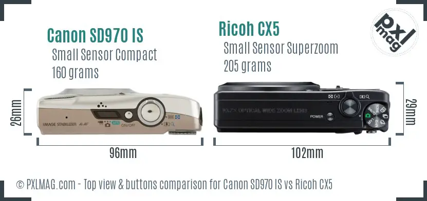 Canon SD970 IS vs Ricoh CX5 top view buttons comparison