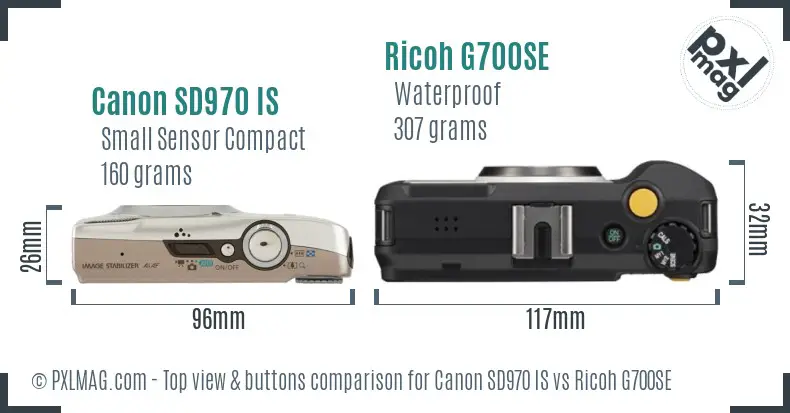 Canon SD970 IS vs Ricoh G700SE top view buttons comparison