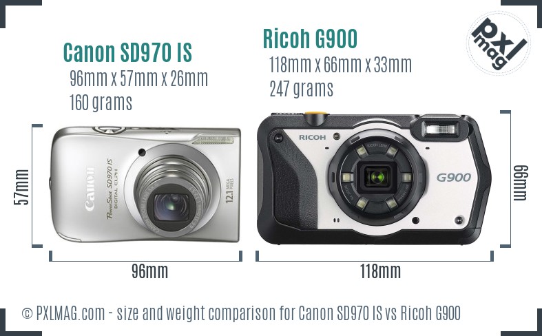 Canon SD970 IS vs Ricoh G900 size comparison
