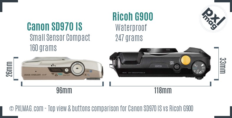 Canon SD970 IS vs Ricoh G900 top view buttons comparison