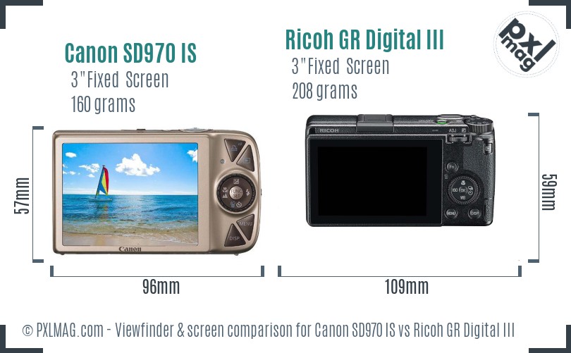 Canon SD970 IS vs Ricoh GR Digital III Screen and Viewfinder comparison