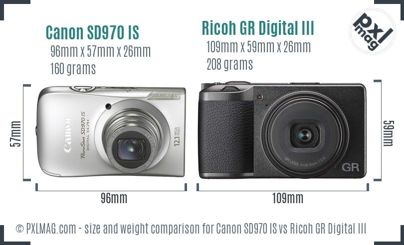 Canon SD970 IS vs Ricoh GR Digital III size comparison
