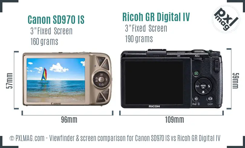 Canon SD970 IS vs Ricoh GR Digital IV Screen and Viewfinder comparison