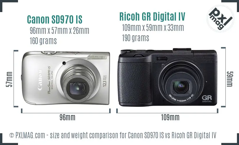 Canon SD970 IS vs Ricoh GR Digital IV size comparison