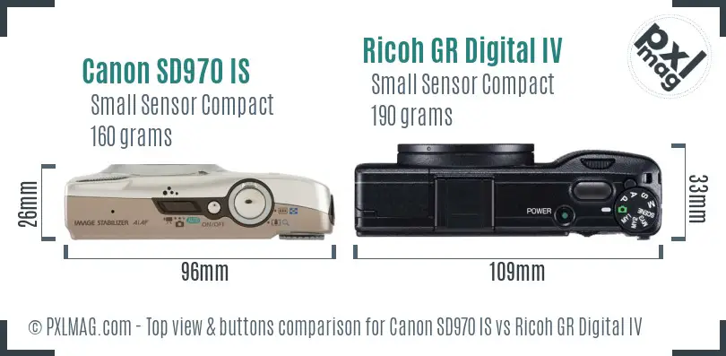 Canon SD970 IS vs Ricoh GR Digital IV top view buttons comparison