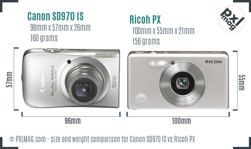 Canon SD970 IS vs Ricoh PX size comparison