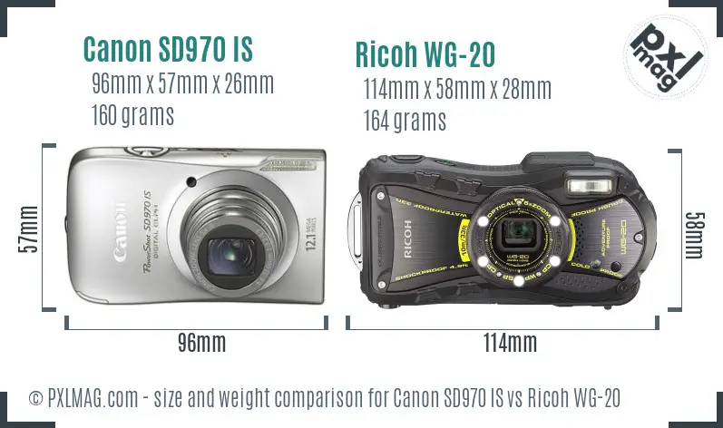 Canon SD970 IS vs Ricoh WG-20 size comparison