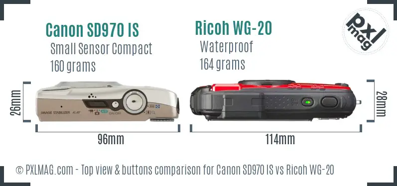 Canon SD970 IS vs Ricoh WG-20 top view buttons comparison