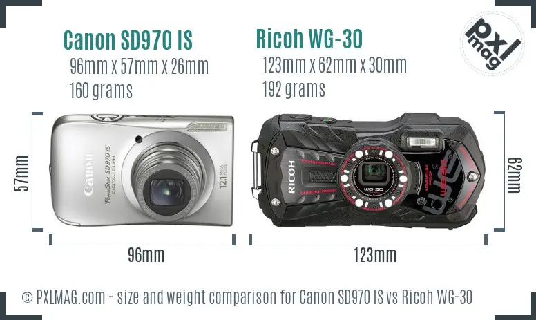 Canon SD970 IS vs Ricoh WG-30 size comparison