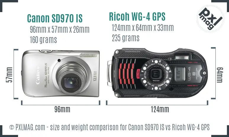 Canon SD970 IS vs Ricoh WG-4 GPS size comparison Canon SD970 IS vs Ricoh WG-4 GPS size comparison